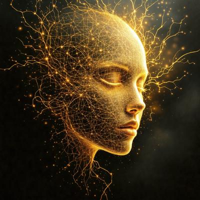 The primary subject of the image is a close-up of a human head, featuring a woman's face. The setting is a dark background, which contrasts with the bright, glowing lights that illuminate the head. The visual style is a combination of digital art and illustration, creating a striking and unique representation of the human head. The colors and mood of the image are predominantly dark, with the glowing lights adding a sense of depth and intrigue to the composition.